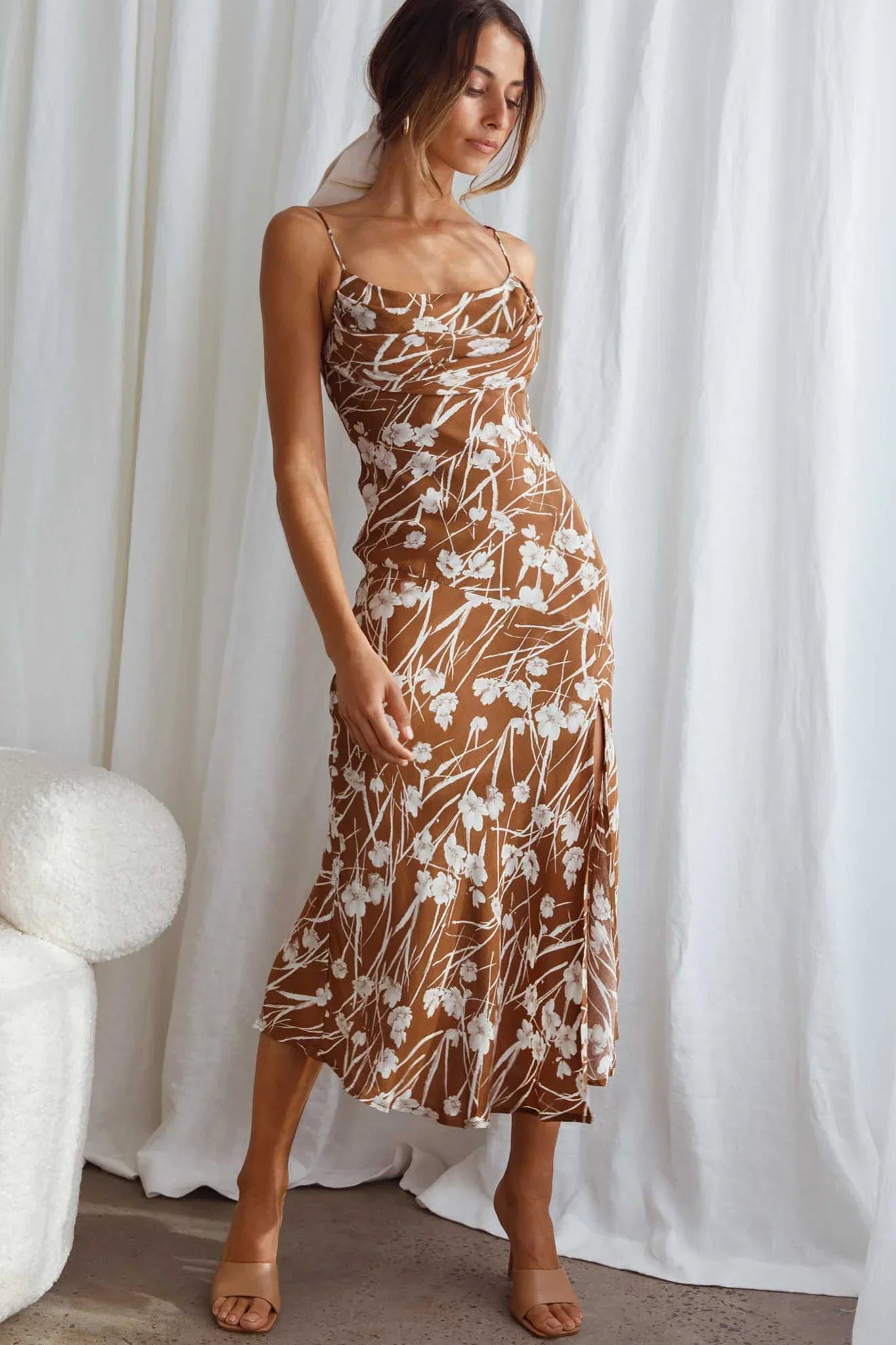 Well Versed Pleated Bust Front Split Dress Wildflower Tan